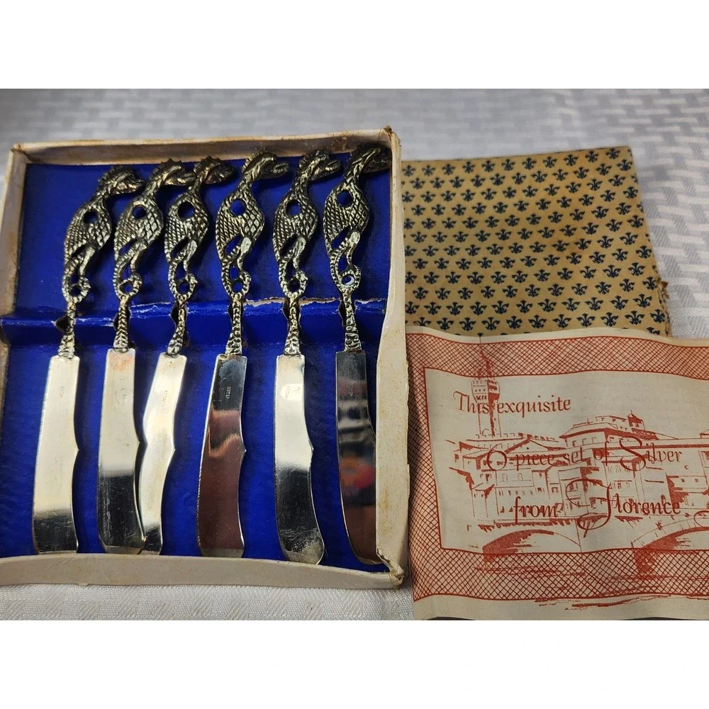 VTG Griffin Dragon Brass Flatware Butter Cheese Spreader Caviar Knife Set Italy